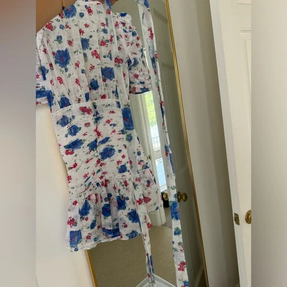 Love Shack Fancy blue red and while floral mini dress with puff sleeves